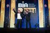 Sandor Bagameri of Stir Bakery celebrates onstage after winning Speciality Bread of the Year 2024