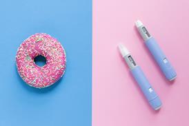 A doughnut and weight-loss jabs on pink and blue background