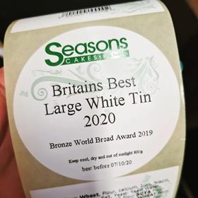 Seasons Bakery sticker saying Britain's Best White Tin Loaf 2020