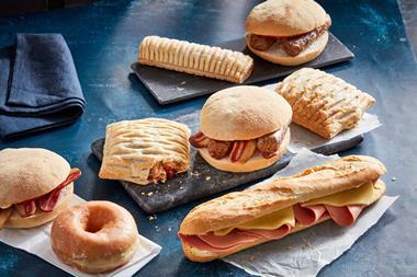 Greggs vegan products including a ring doughnut, sausage roll and festive bake