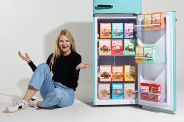 Doughlicious founder Kathryn Bricken with a freezer full of Gelato Ball and Cookie Dough products  2100x1400