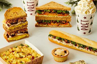Pret's Christmas Lunch Sandwich, Nut Roast Granary, Ham Hock & Festive Sprouts Macaroni Cheese, Brie & Cranberry Baguette, Mince Pie, and Coffee Caramel Slice   2100x1636