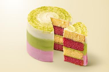 Finsbury's Little Big Cake with pink and vanilla layers of cake with green matcha frosting