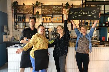 MamGu Welshcakes employees (L-R) Sam, Becci, and Ella, with founder Becky Swift, celebrate the opening of the new cafe at Saundersfoot harbour.  2100x1400