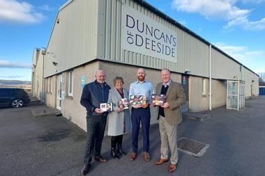 Dean's of Huntly MD Bill Dean (right) stands with Duncan's of Deeside MD Paul Duncan (second right) and co-founders Len and Dawn Duncan ouside the former production site in Lawrencekirk, Aberdeenshire    2100x1400