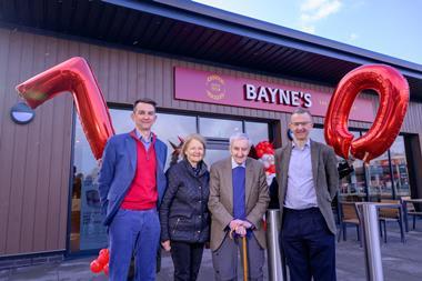 Bayne's The Family Bakers - MD John Bayne (right) and chairman Stanley Bayne (second right) stand outside their latest shop in Perth -  2100x1400