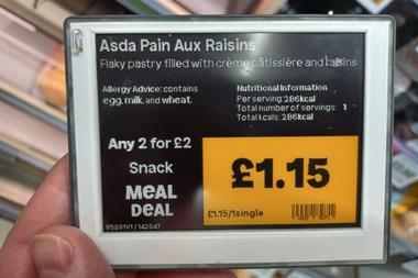 Asda - Allergen and calorie information for a pain aux raisin is displayed on a digital label at an Asda Express in-store bakery - 2100x1400