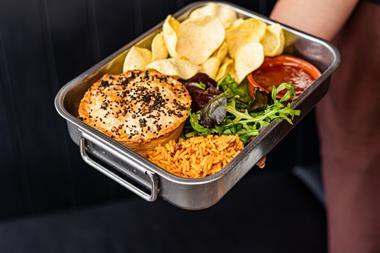 Pieminister Chana Rama pie with rice, poppadum and salad