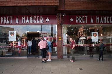 Pret A Manger exterior with social distancing customers
