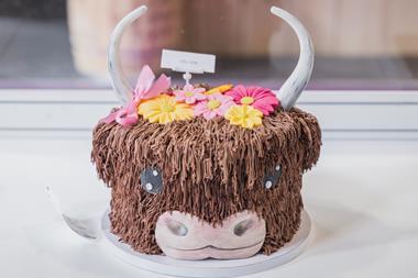 A cake decorated to look like a Highland Cow