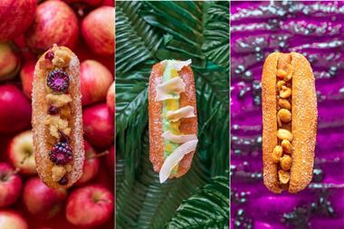 Finger doughnuts topped with apple & blackberries, pandan & coconut, and peanut butter & jam