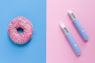 A doughnut and weight-loss jabs on pink and blue background
