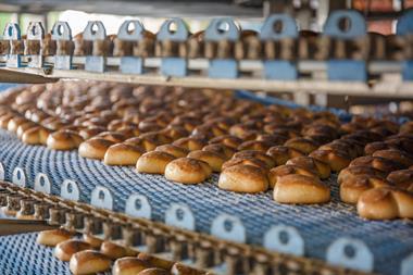 Doughnuts on an industrial bakery line