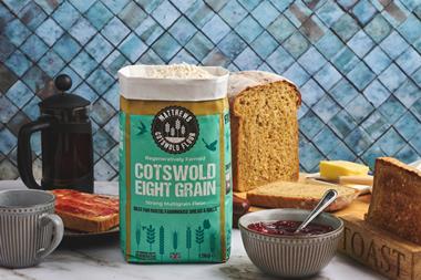 Matthews Cotswold Flour Regenerative eight grain flour next to jam and toast