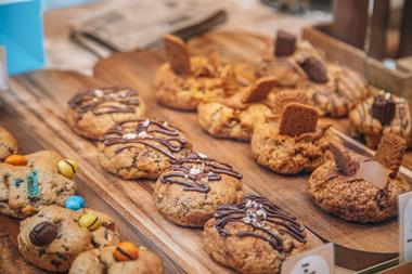Stuffed cookies on a wooden board