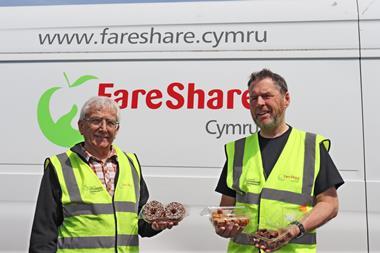 Steve Barkley (left) and Dennis Foley from FareShare display bakery items redistributed by the charity.  2100x1400