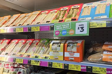 Sandwiches and wraps for the £3 meal deal are displayed in a chiller at a Poundland store  2100x1400
