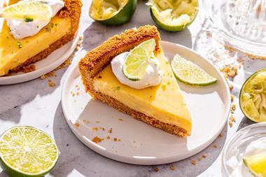 A key lime pie with thick biscuit crust