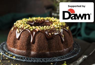 A Dubai chocolate bundt cake with chocolate drizzle