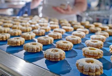 Sandwich biscuits on a manufacturing line