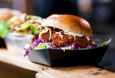 Street food burgers with fresh salad and cabbage