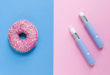 A doughnut and weight-loss jabs on pink and blue background