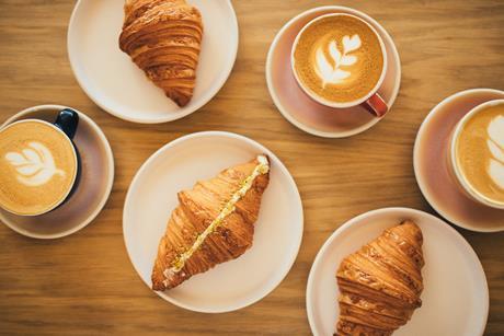 Birds eye view of coffee and croissants