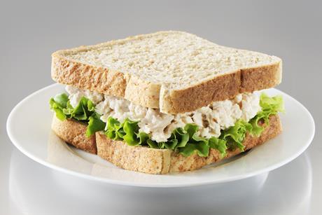 A tuna and salad sandwich on malted bread