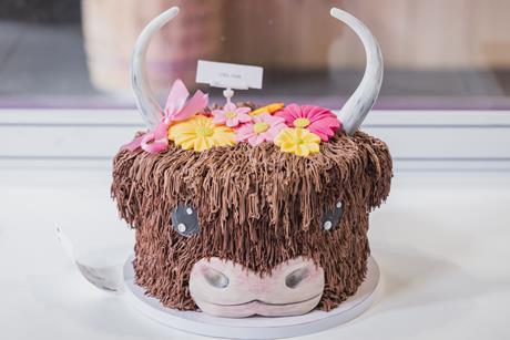 A cake decorated to look like a Highland Cow