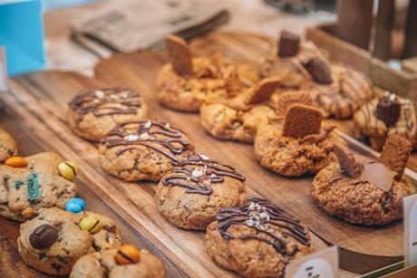 Stuffed cookies on a wooden board
