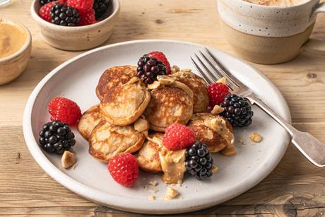 Griddle Bakery - Banana Pancake Bites with fresh raspberries, blackberries and caramel sauce - 2100x1400