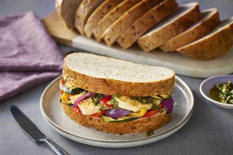 A sandwich made with Hovis Rustic Granary Bloomer bread, halloumi and grilled vegetables.  2100x1400