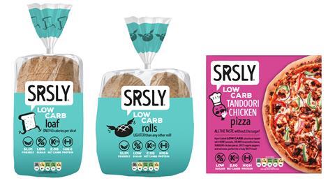 Low carb loaf, rolls and pizza in colourful packaging