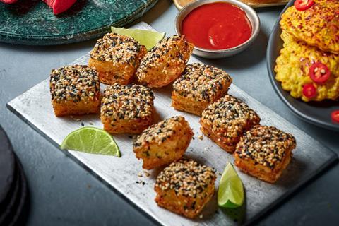 Scallop & prawn toast bites with sesame seeds on top