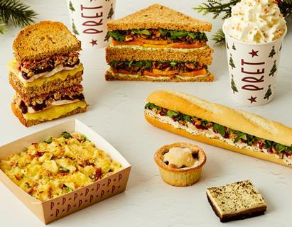 Pret's Christmas Lunch Sandwich, Nut Roast Granary, Ham Hock & Festive Sprouts Macaroni Cheese, Brie & Cranberry Baguette, Mince Pie, and Coffee Caramel Slice   2100x1636