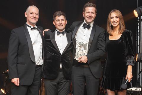 Fritsch Bakery Technologies sale manager Paul Johnson presents the Bakery Manufacturer of the Year award to Geary’s Bakeries’ head of engineering Mark Clifford and marketing & sales director Barry Dawber