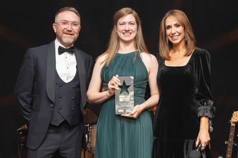 Rademaker sales manager, UK & Ireland, Chris Drew and celebrity host Alex Jones present the Rising Star Award to Emily Anderson from Cooplands