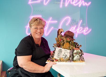 Elaine Hamey and her Indiana Jones themed cake