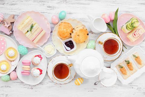 Easter afternoon tea with pastel coloured treats