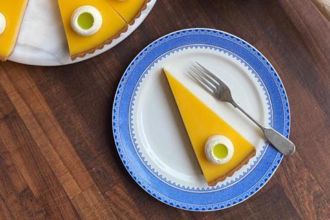 Amalfi lemon tart with mascarpone cream and lemon leaf oil