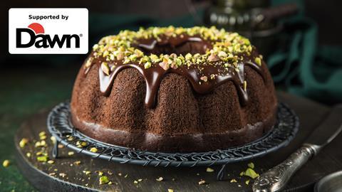 A Dubai chocolate bundt cake with chocolate drizzle