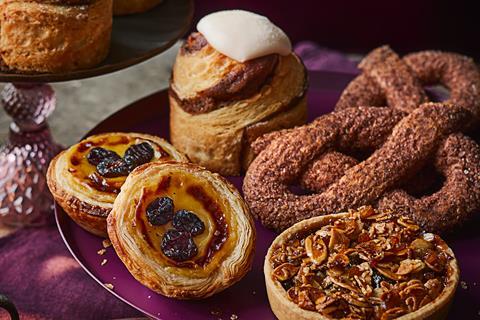 Waitrose Christmas 2024 in-store bakery range - Christmas Spiced Bun, Cranberry and Orange Pastel De Nata, Florentine Mince Pie, Giant Cinnamon Knot  2100x1400