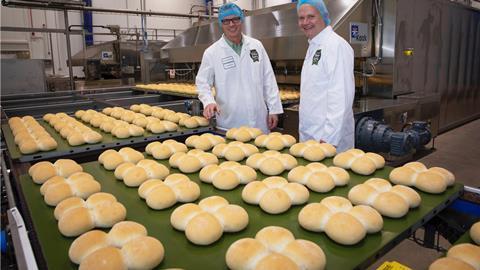 Mandy Jones - Jones Village Bakery head of operations Andy Beckett left and CEO Simon Thorpe at the new roll line in the main Wrexham site