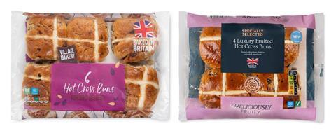 Aldi Village Bakery Fruited Hot Cross Buns and Specially Selected Luxury Fruited Hot Cross Buns  2100x817