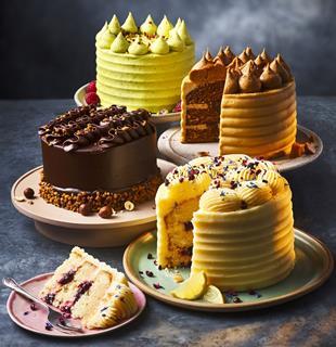 Four M&S cakes, which have been inspired by artisan bakeries, in pistachio, lemon, chocolate, and caramel flavours