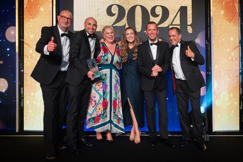 Thumbs up all round from the team behind Bakery Retailer of the Year 2024 M&S – Edward McAuley, Mhairi Forbes, Rebecca Rackley, and Rabah Kherroubi – as well as Laurent Venzi, commercial director North Europe of sponsor IFF, and celebrity host Scott Mills