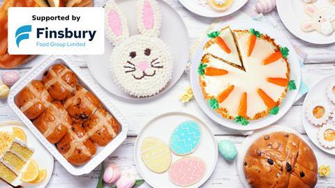Easter bakery with bunny cake, hot cross buns, carrot cake and more