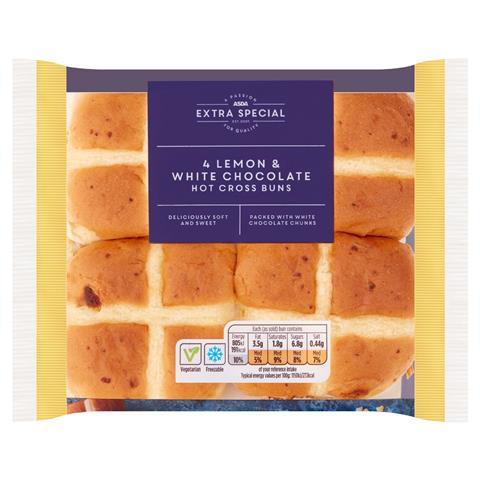 Lemon & White Chocolate Hot Cross Buns in packaging