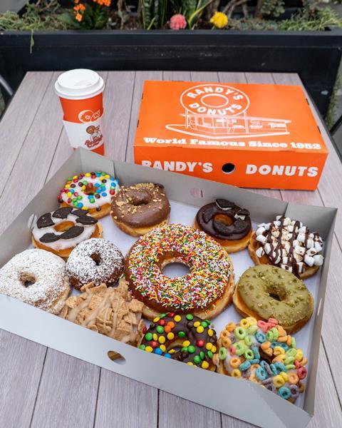 A selection box of glazed and iced doughnuts from Randy's