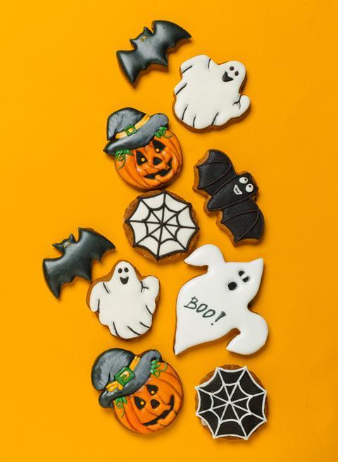 Halloween biscuits in the shape of ghosts, bats and pumpkins